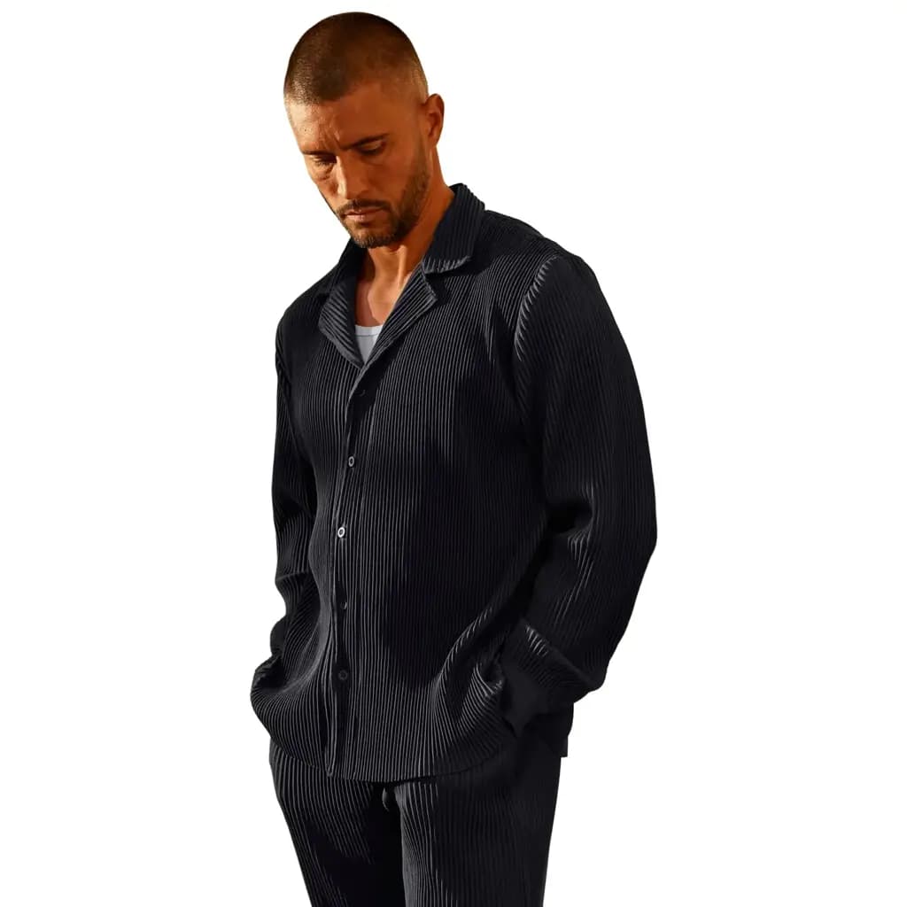 BELIER PLEATED LS SHIRT - BLACK — (bm-072-black)